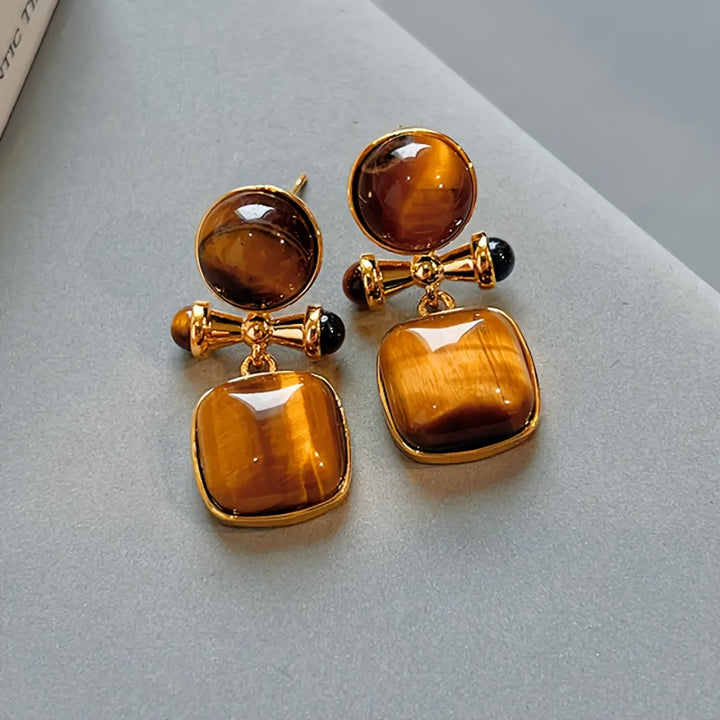 1 Pair of Retro Elegant Tiger Eye Stone Square Earrings Copper Material Perfect for Daily Wear Valentines Day Gifts Dates Banquets Parties YearRound Style