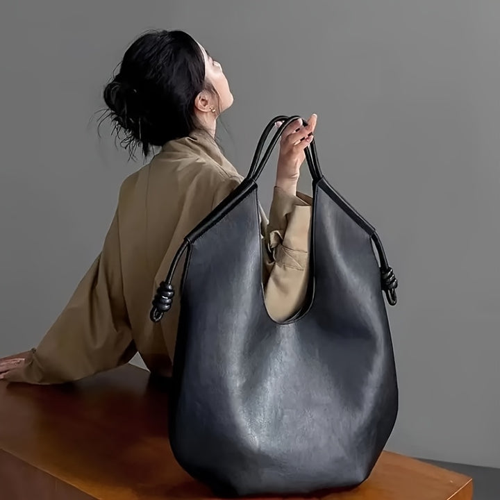 A 2025 Minimalist Style Handbag For Women Imitation Shoulder Bag With Snap Closure Large Capacity Suitable For Work And Leisure Use Polyester Lining No Print Black